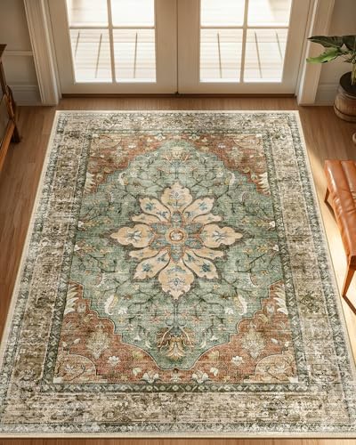 RELEANY Washable Area Rug, Brick/Brown/Green by RELEANY