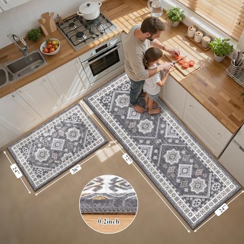 HEBE Boho Kitchen Rugs Set of 2, Non Slip Washable Kitchen Mats - Image 2