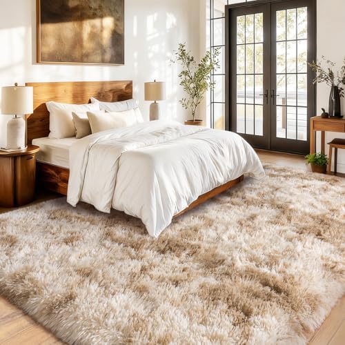Large Living Room Area Rug 9x12Ft Shaggy Carpet Fuzzy Carpet Tie Dye Camel - Image 3