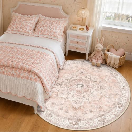 CAPALOCA Round 4ft Washable Nursery Girls Low Pile Area Rug Pink - Image 3