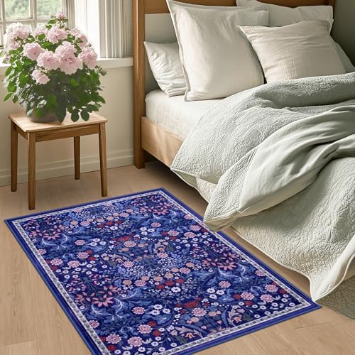 PLHXFR 2x3 Small Entryway Rug: Floral Washable Indoor Soft Carpet Blue - Image 3