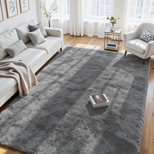 8x10 Fluffy Area Rug for Living Room: Non-Slip Light Grey Bedroom Carpet by Oriannal