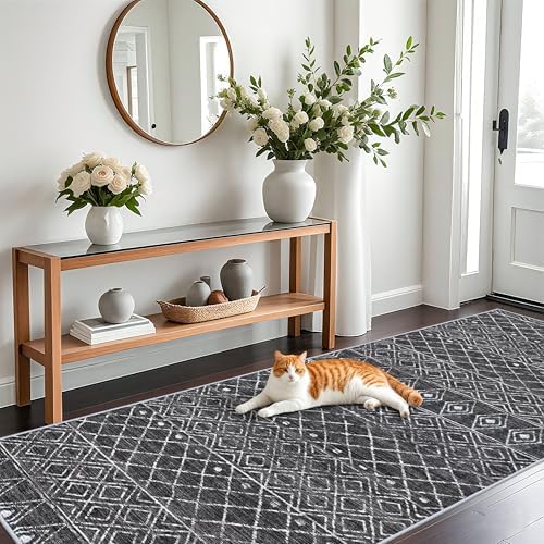 4x10 Black Moroccan Washable Runner:Non Slip Geometric Rug by BYYVOORugsforYourHome