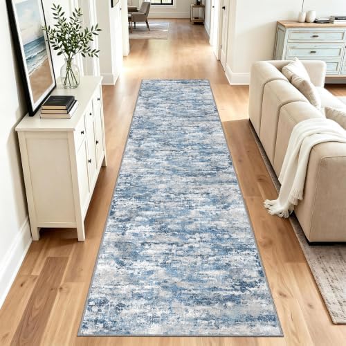 Hallway Runner Rug 3x10 Textured Non Slip Carpet Runner, Modern Ocean Blue by TTelephant
