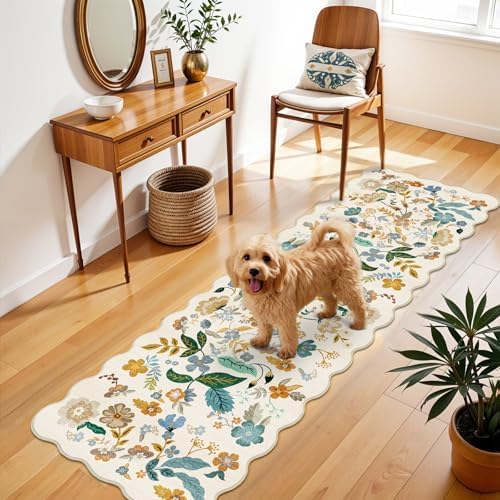2x6 Washable Hallway Runner Rug: Floral Scalloped Kitchen Rug Beige-Cream - Image 2