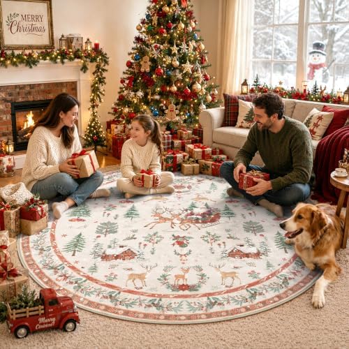 Lahome Round Christmas Rug, 5 ft Round Rug, Reindeer Christmas Decor - Image 3
