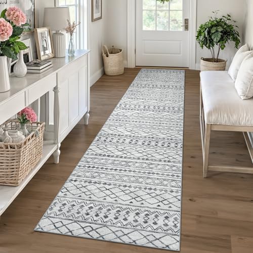 KUTA Moroccan Boho Geometric Washable Runner Rug 2x10 Grey Vintage by KUTA