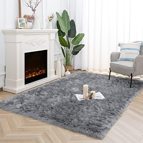 2x6 Grey Faux Fur Runner Rug Fluffy Soft Washable - Image 3