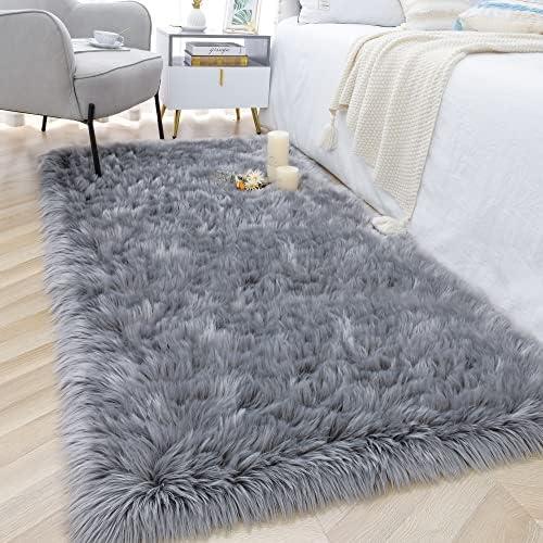 2x6 Grey Faux Fur Runner Rug Fluffy Soft Washable - Image 2