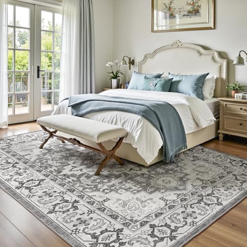 Lofus 5x7 Area Rugs for Living Room Bedroom, Soft Boho Carpet Floral Grey - Image 2