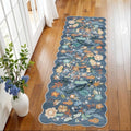 2x6 Washable Hallway Runner Rug: Blue Boho Floral Scalloped Kitchen Rug by BYYVOORugsforYourHome