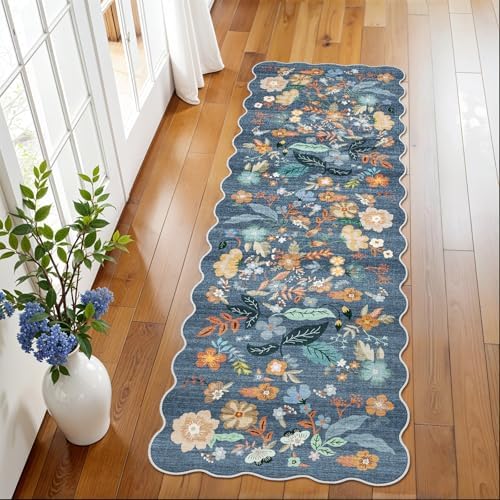 2x6 Washable Hallway Runner Rug: Blue Boho Floral Scalloped Kitchen Rug by BYYVOORugsforYourHome