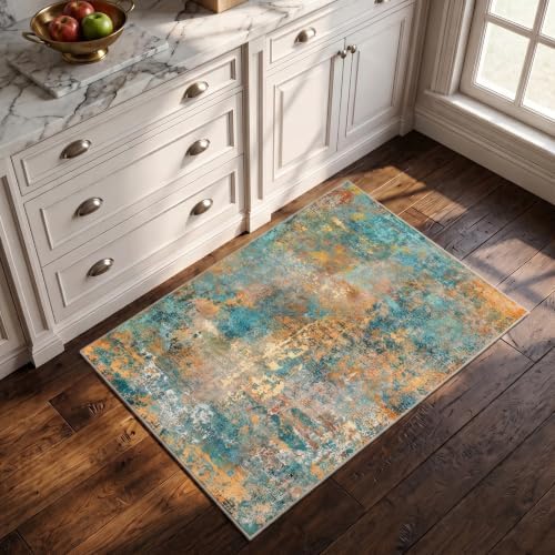 Small Washable Area Rug 2x3, Soft Non Slip Entryway Rug, Teal/Orange - Image 3