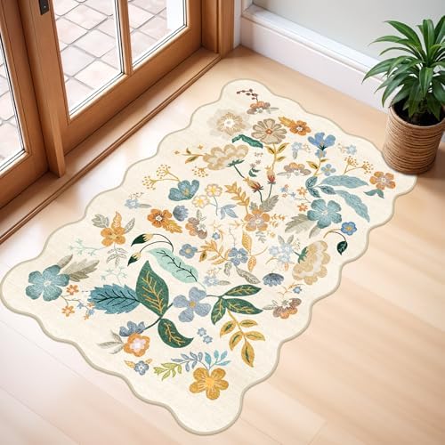 2x3 Rug Washable Runner for Entryway: Non Slip Floral Small Area Rug Cream by BYYVOORugsforYourHome