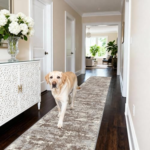 Hallway Runner Rug 2x10 Textured Non Slip Carpet Runner, Abstract Brown - Image 3