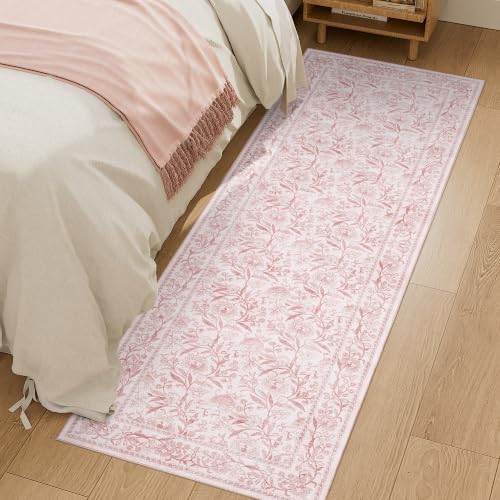 DUKINO 2x6 Runner Rug, Washable Vintage Floral Kitchen Rug, Light Pink by DUKINO