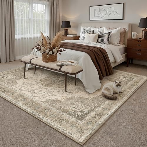 6x9 Washable Area Rug Brown Non Slip Distressed Carpet - Image 3