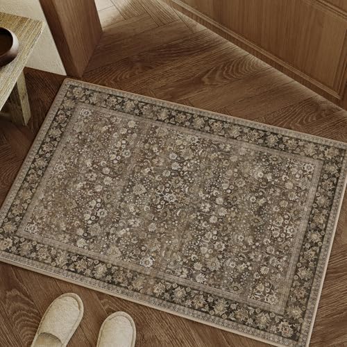 HUGEAR 2x3 Brown Vintage Floral Washable Area Rug by HUGEAR