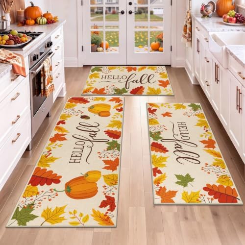HEBE Fall Kitchen Rugs Set of 3, Washable Maple Leaf Kitchen Mats by HEBE