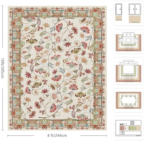 8x10 Area Rugs, Machine Washable Low Pile Floral Rugs - Image 2