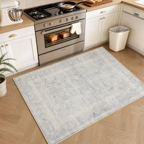 2x3 Washable Blue Cream Neutral Vintage Area Rug - Image 3