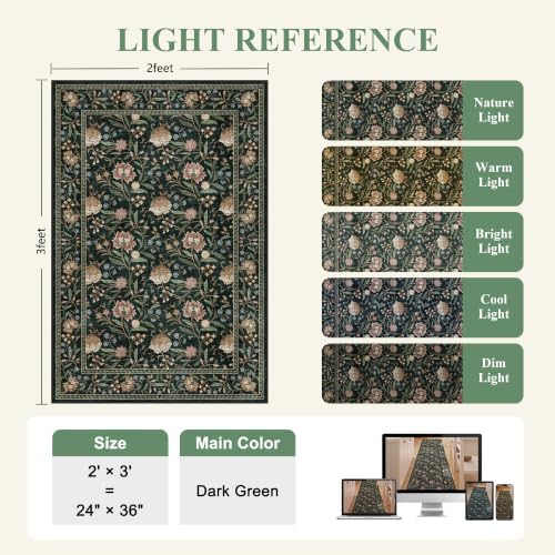 DUKINO 2x3 Rug, Washable Vintage Floral Bathroom Rugs Non Slip, Dark Green - Image 2
