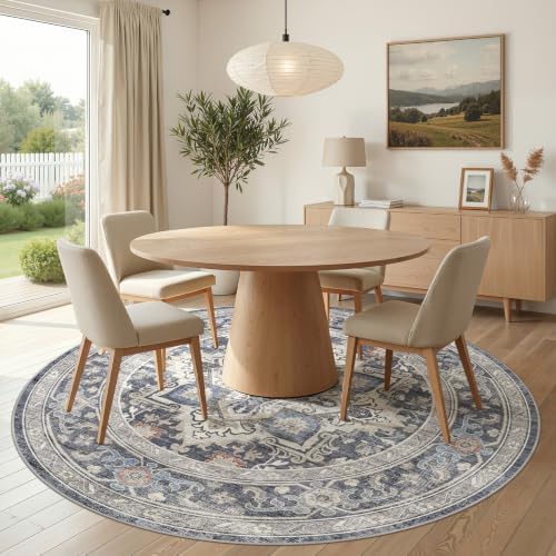 Round Washable Area Rug 8ft, Boho Vintage Distressed Oriental Medallion - Image 5