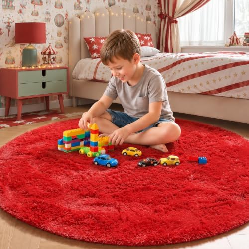 Red Fluffy Round Rug Circle Area Rugs 4ft by ONASAR