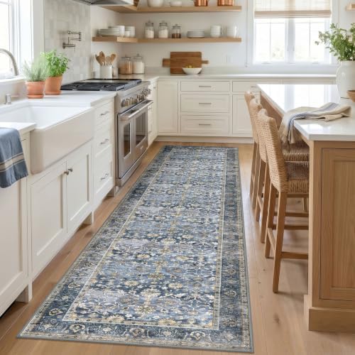 KUTA Vintage Washable Runner Rug 3x14 Hallway Runners Blue Grey Beige - Image 2