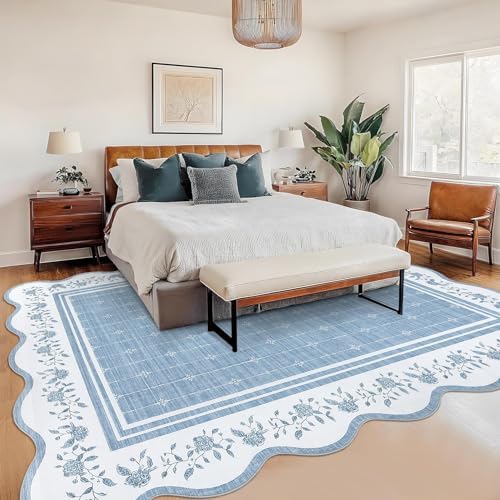 Garvee Washable Rugs for Living Room 8x10 Area Rugs Scalloped Rug Blue - Image 7