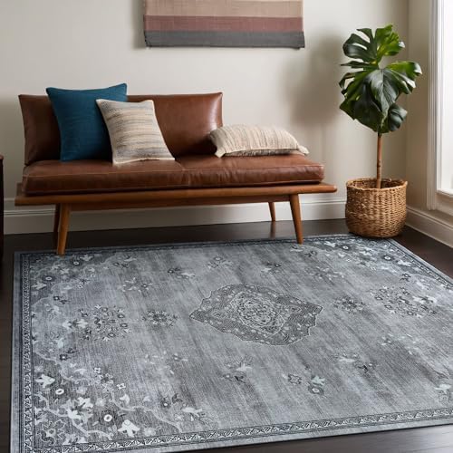 Non Slip Area Rugs 6x9 Boho Medallion Floral Non Skid Rubber Backing Easy Silk - Image 5