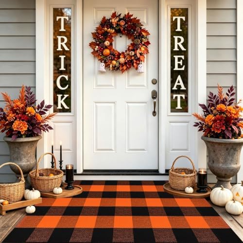 Fall Décor Orange and Black Plaid Rug, Hand-Woven Rug by BOTTA