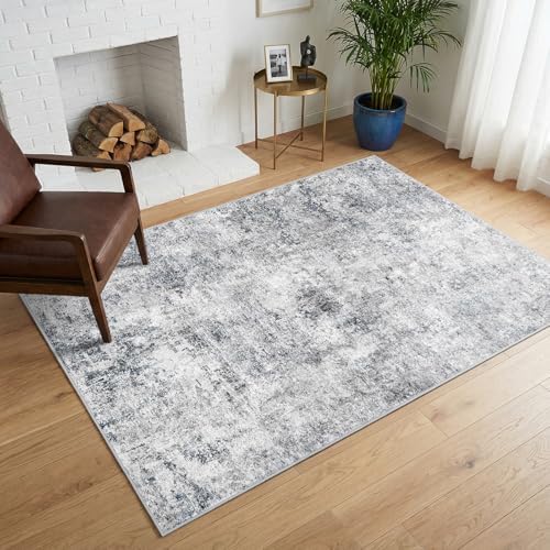 4x6 Washable Area Rug: Wide Abstract Neutral Entryway Carpet BlueGray by Puino