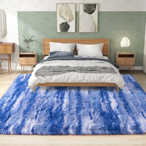 5x7 Shag Rugs for Living Room, Washable Abstract Blue - Image 3