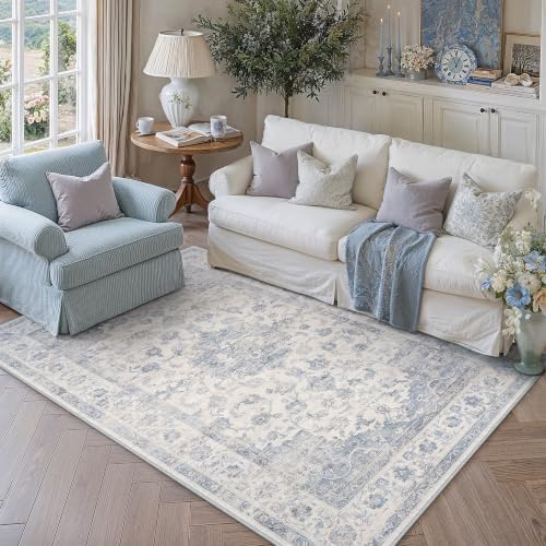 Blue 3x5 Area Rug Washable Netural Vintage Distressed Carpet by Berthmeer