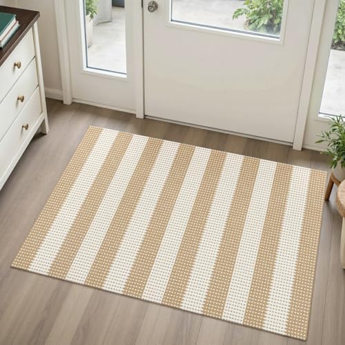 Rugalia Washable Woven Indoor Outdoor Doormat, 2x3 Natural Beige Cotton Striped by Rugalia