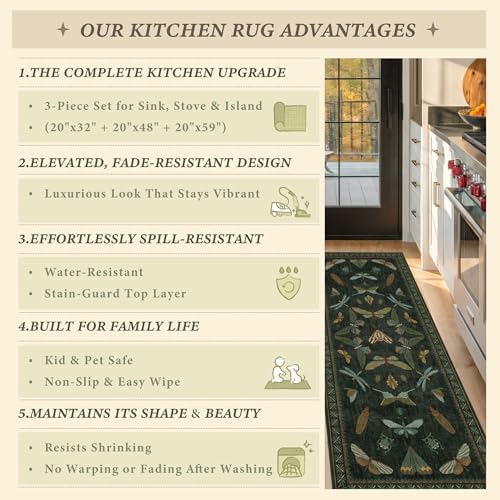 JTJ Kitchen Rugs Set of 3, Dark Green Vintage Insect - Image 6