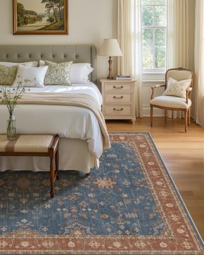 Washable Area Rug-5X7 Vintage Neutral Soft Blue/Terracotta - Image 2
