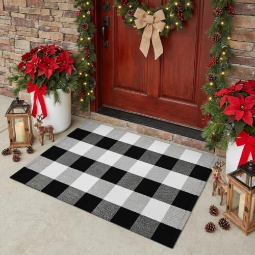 SEEKSEE Fall Decor Buffalo Plaid Outdoor Rug 2' x 3' Black and White Front Door - Image 2