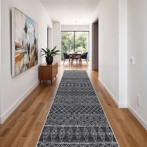 Washable 2.6x14 Runner Rug Moroccan: Hallway Non Slip Geometric Rugs Black - Image 4