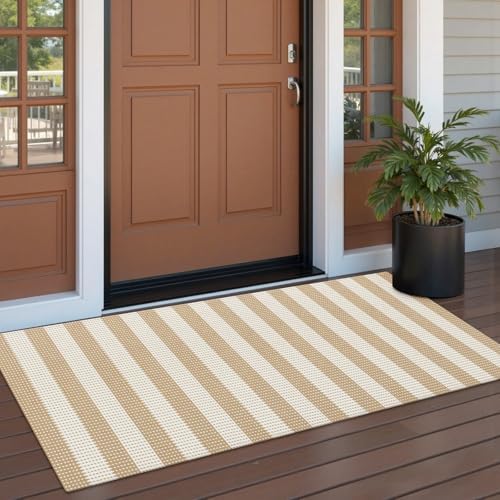 Rugalia Washable Woven Indoor Outdoor Runner Rug, 2x5 Natural Beige Striped - Image 6