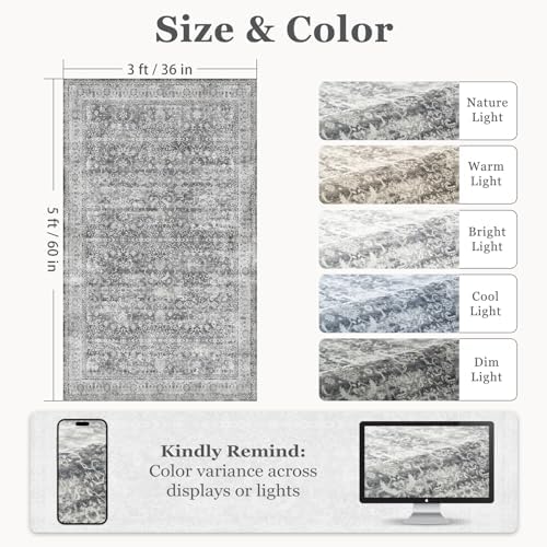 Grey Vintage 3x5 Entryway Rug Indoor Foyer, Neutral Gray Throw Rug - Image 2