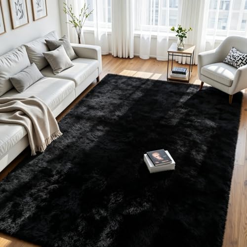 6x9 Fluffy Area Rug for Living Room: Soft Non-Slip Black Bedroom Carpet by Oriannal