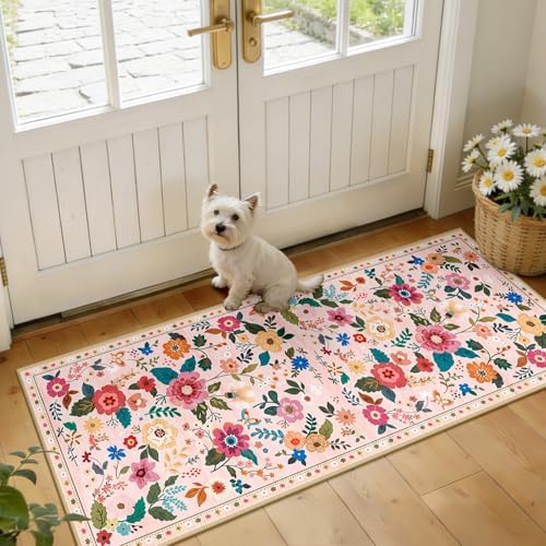 Floral Washable 2x5 Area Rugs Runner Entryway Hallway Pink by RELEANY
