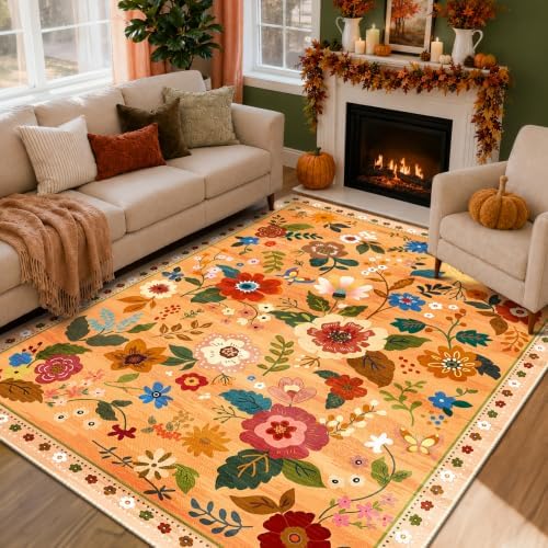 RELEANY Floral Washable 6x9 Area Rugs Orange/Yellow/Red by RELEANY