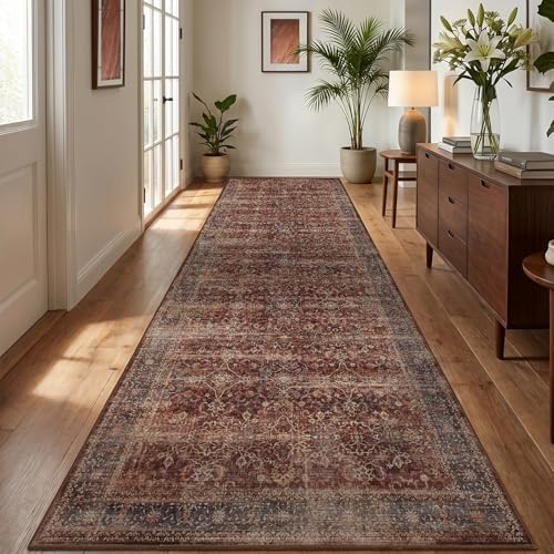 Washable Runner Rug 3x10, Vintage Farmhouse Dark Hallway Runner - Image 3