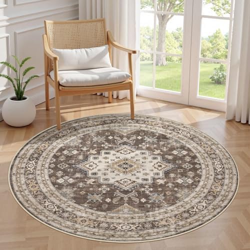 cotiled 5ft Round Living Room Area Rug, Traditional, Dark Brown by COTILED