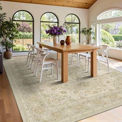 9x12 Beige Rug Low Pile Non Slip Washable Rugs by LatteFog