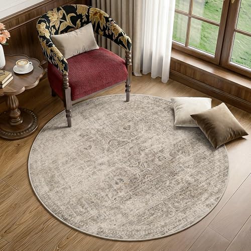 FMFUNCTEX 4ft Round Washable Taupe Distressed Vintage Area Rug - Image 2