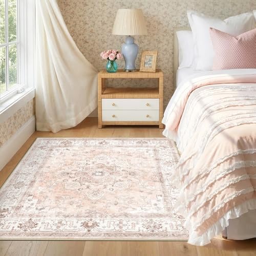 CAPALOCA Square 4ft Washable Nursery Girls Low Pile Area Rug Pink - Image 3